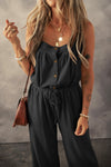 Black Knotted Straps Button Textured Drawstring Jumpsuit-3