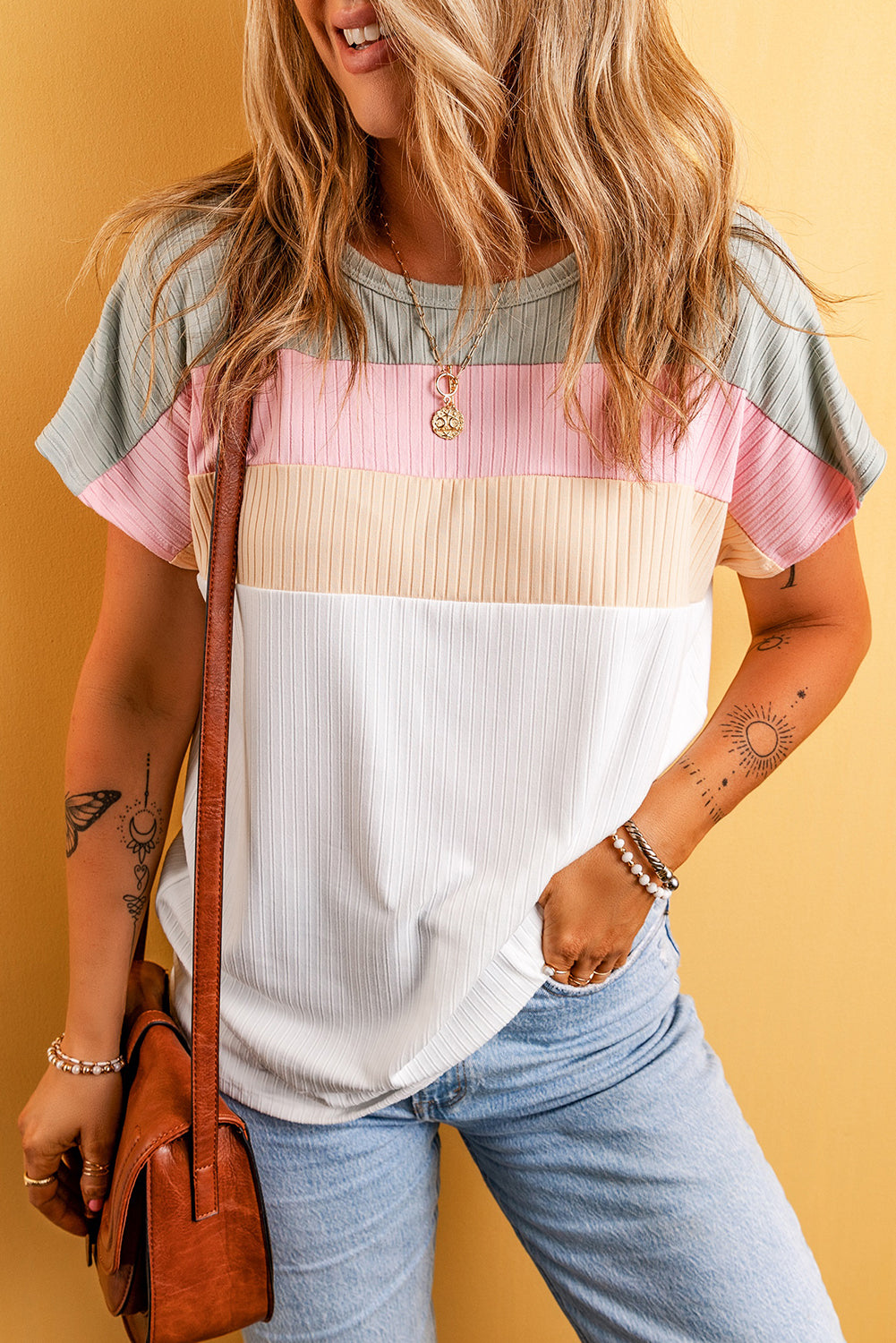 White Ribbed Color Block Patchwork T-shirt-0