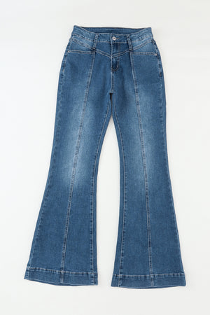 Blue High Waist Seam Stitching Pocket Flare Jeans-5