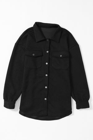 Black Solid Textured Flap Pocket Buttoned Shacket-5