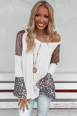 White Sequin Patchwork Bell Sleeve V Neck Tunic Top-4