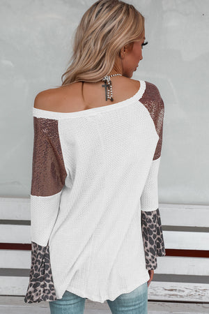 White Sequin Patchwork Bell Sleeve V Neck Tunic Top-1