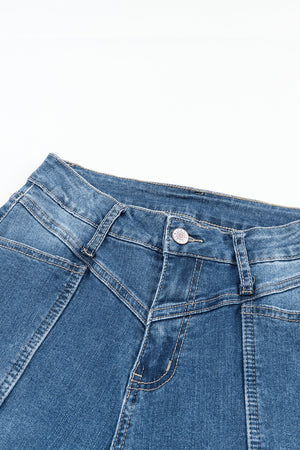 Blue High Waist Seam Stitching Pocket Flare Jeans-9