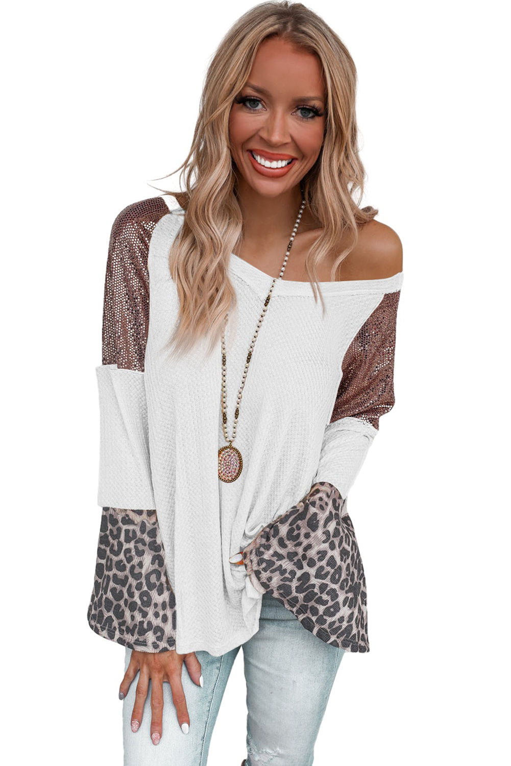 White Sequin Patchwork Bell Sleeve V Neck Tunic Top-5