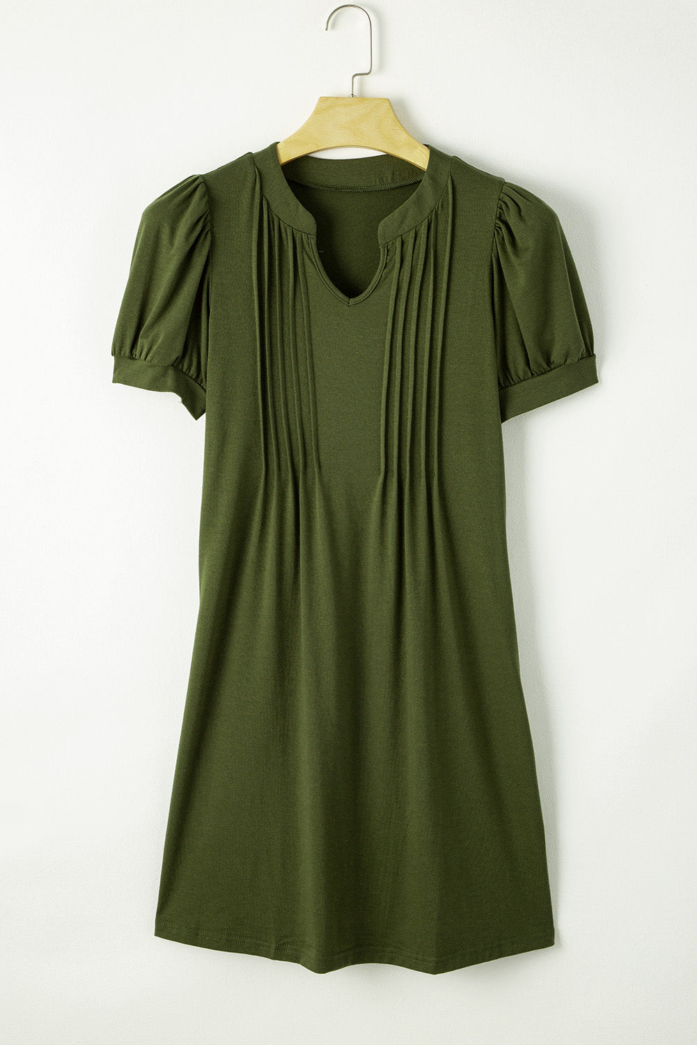 Fern Green Notched Neck Pleated Puff Sleeve Shift T-shirt Dress-5