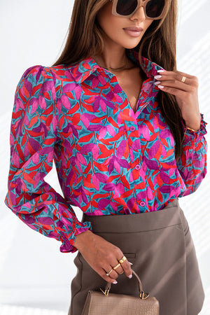 Multicolor Abstract Floral Button Up Long Puff Sleeve Shirt-5