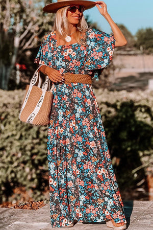 Sky Blue Floral Knotted Back Square Neck Maxi Dress-3