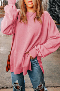 Pink Drop Shoulder Ribbed Trim Oversized Sweatshirt-2