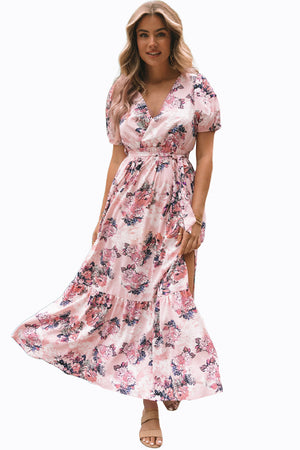 Pink Floral Puff Sleeve High Waist Maxi Dress-17