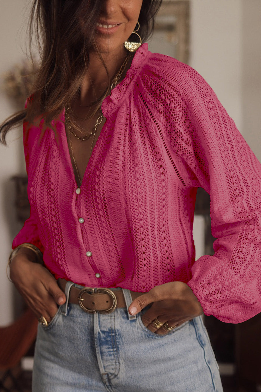 Rose V-Neck Long Sleeve Button Up Lace Shirt-2