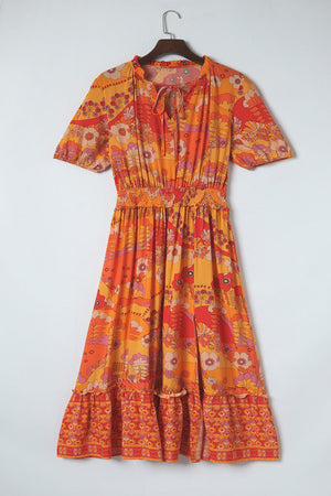 Orange Boho Floral Smocked Waist Maxi Dress with Slit-7
