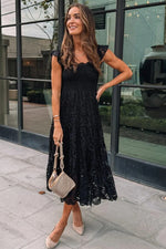 Black Lace Smocked Bodice Sleeveless Midi Dress-4