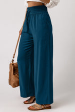 Blue Drawstring Elastic Waist Casual Wide Leg Pants-3