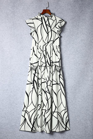 White Abstract Vein Print V Neck Ruffle Maxi Dress-11