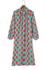 Sky Blue Western Geometric Print Split Buttoned Shirt Dress-12