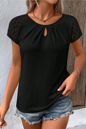 Black Contrast Lace Sleeve Keyhole Decor Top-0