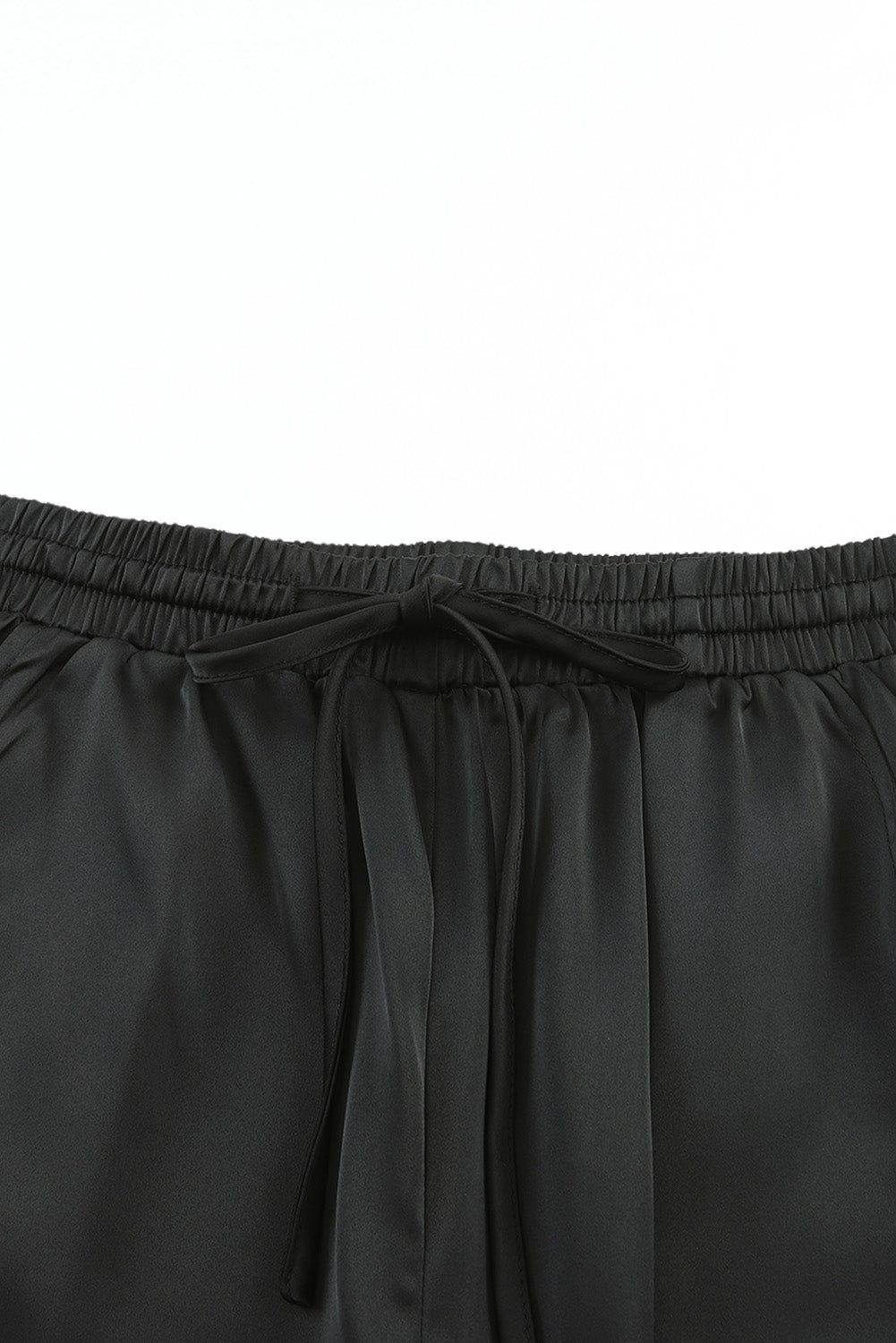 Black Satin Pocketed Drawstring Elastic Waist Pants-11