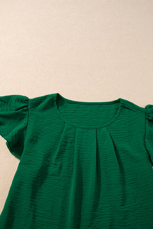 Dark Green Solid Color Textured Pleated Flutter Sleeve Blouse-6
