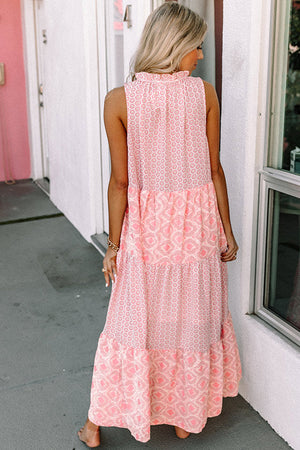 Pink Abstract Print Split Neck Sleeveless Maxi Dress-9