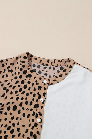 Khaki Leopard Contrast Half Button Casual Blouse-8