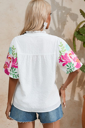 White Floral Embroidered Puff Sleeve Notched Neck Blouse-1