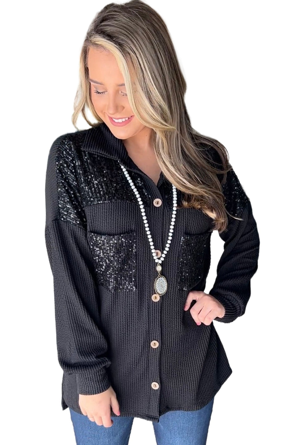 Black Sequin Patch Chest Pocket Corded Shacket-8