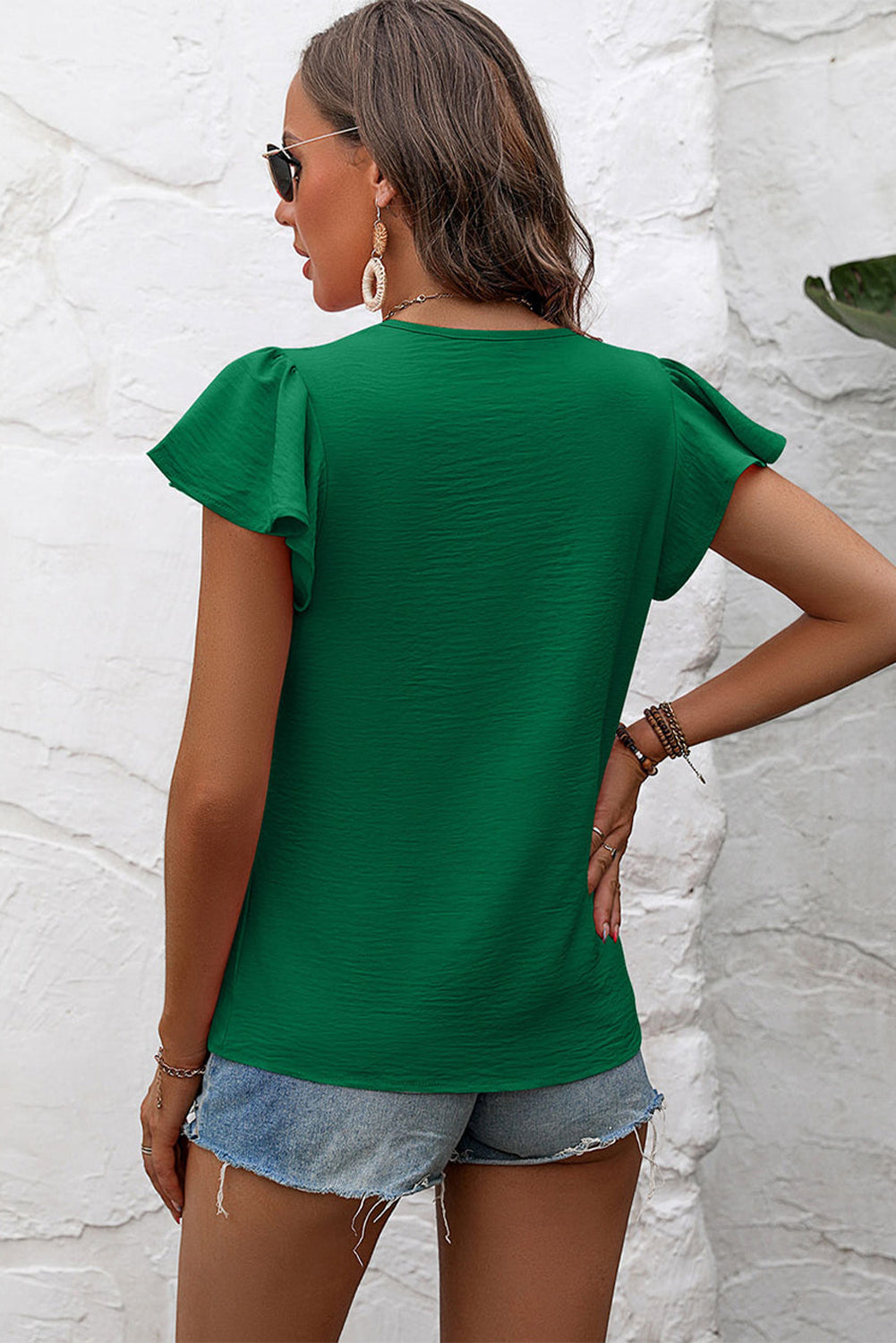 Dark Green Solid Color Textured Pleated Flutter Sleeve Blouse-1