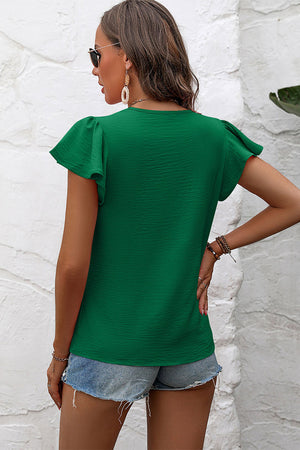 Dark Green Solid Color Textured Pleated Flutter Sleeve Blouse-1