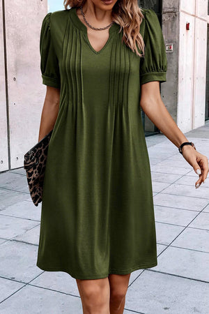 Fern Green Notched Neck Pleated Puff Sleeve Shift T-shirt Dress-3