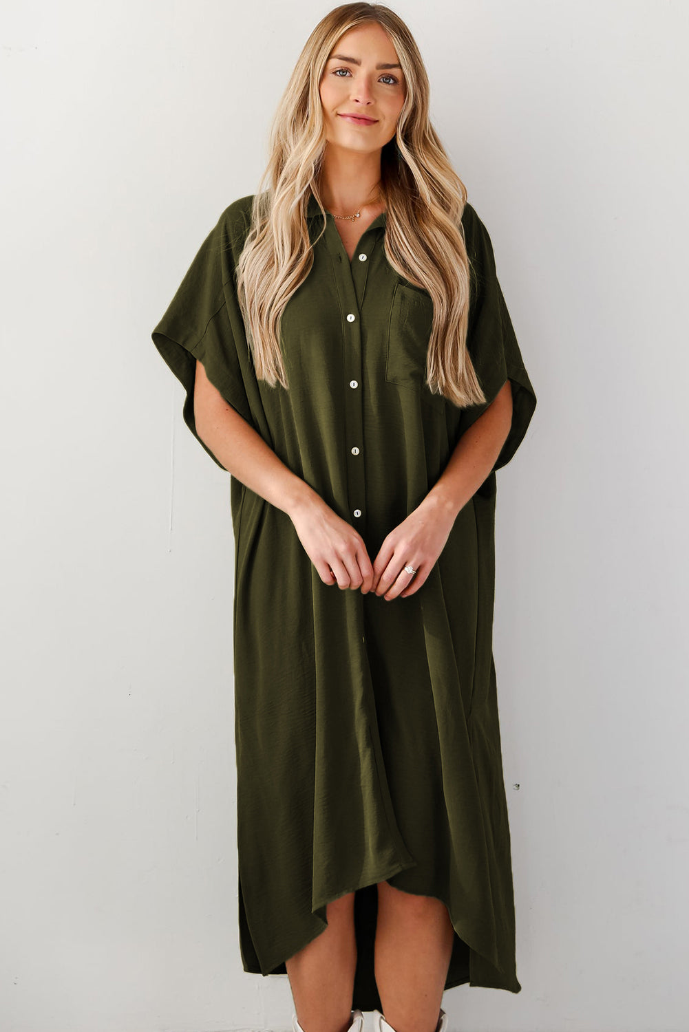 Jungle Green Loose High Low Side Slits Short Sleeve Shirt Dress-6