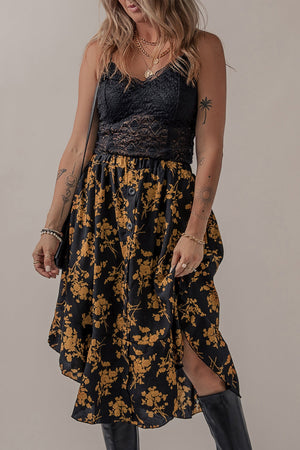 Black Printed Elastic Waist Button Decor Floral Ruffle Skirt-3