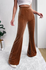 Chestnut Solid Color High Waist Flare Corduroy Pants-3