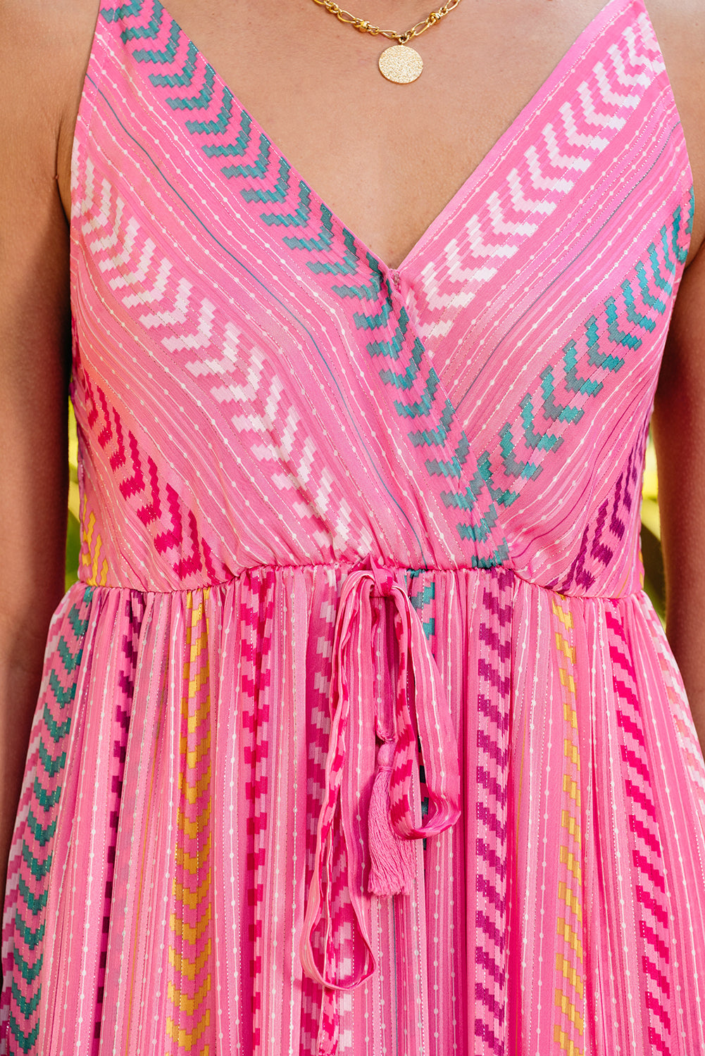 Pink Western Printed Tassel Tie V Neck Wrap Maxi Dress-6