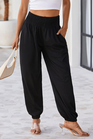 Black Smocked High Waist Joggers-5