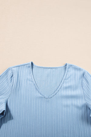 Beau Blue Ruffled Half Sleeve V Neck Textured Top-6