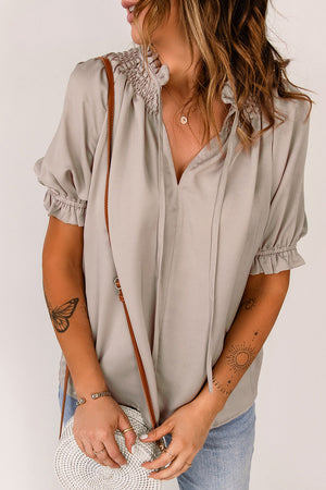 Khaki Split Frill Neck Puff Sleeve Blouse-2