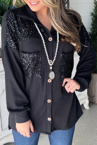 Black Sequin Patch Chest Pocket Corded Shacket-0