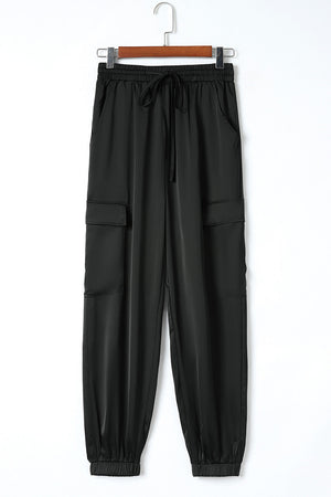Black Satin Pocketed Drawstring Elastic Waist Pants-9