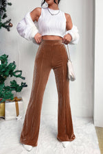 Chestnut Solid Color High Waist Flare Corduroy Pants-4