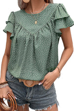 Laurel Green Dotted Ruffle Sleeve Crew Neck Ruched Blouse-5