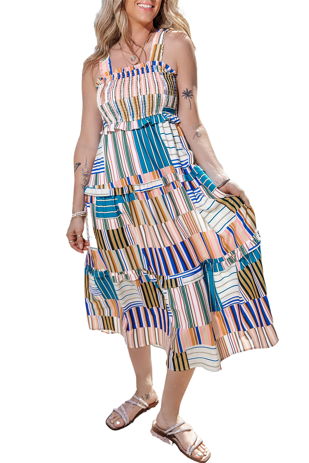 Khaki Mix Striped Wide Straps Smocked Tiered Maxi Dress-11