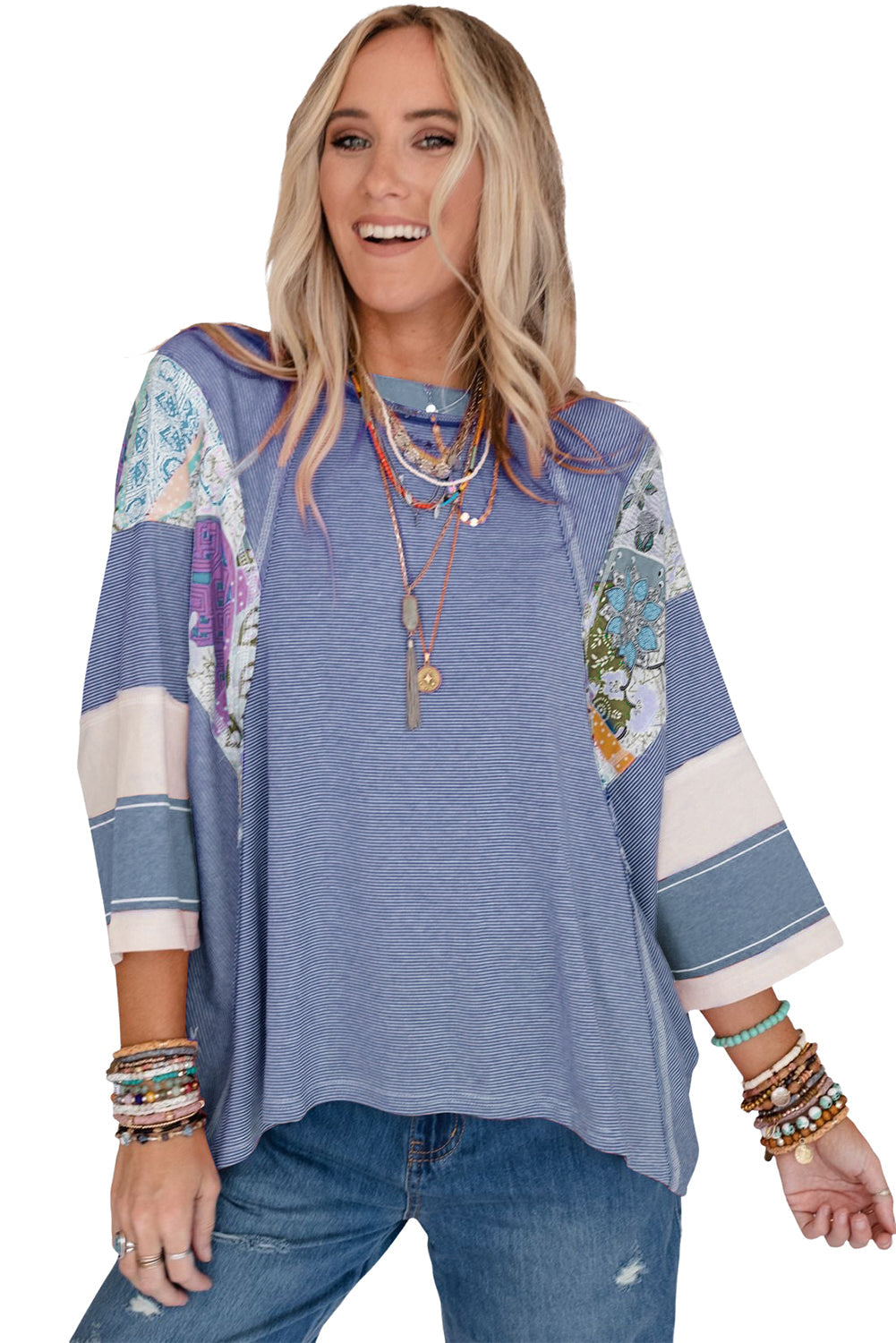 Sky Blue Printed Pinstriped Color Block Patchwork Oversized Top-4
