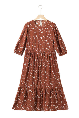 Chestnut Floral Print 3/4 Sleeve Ruffle Hem Midi Dress-18