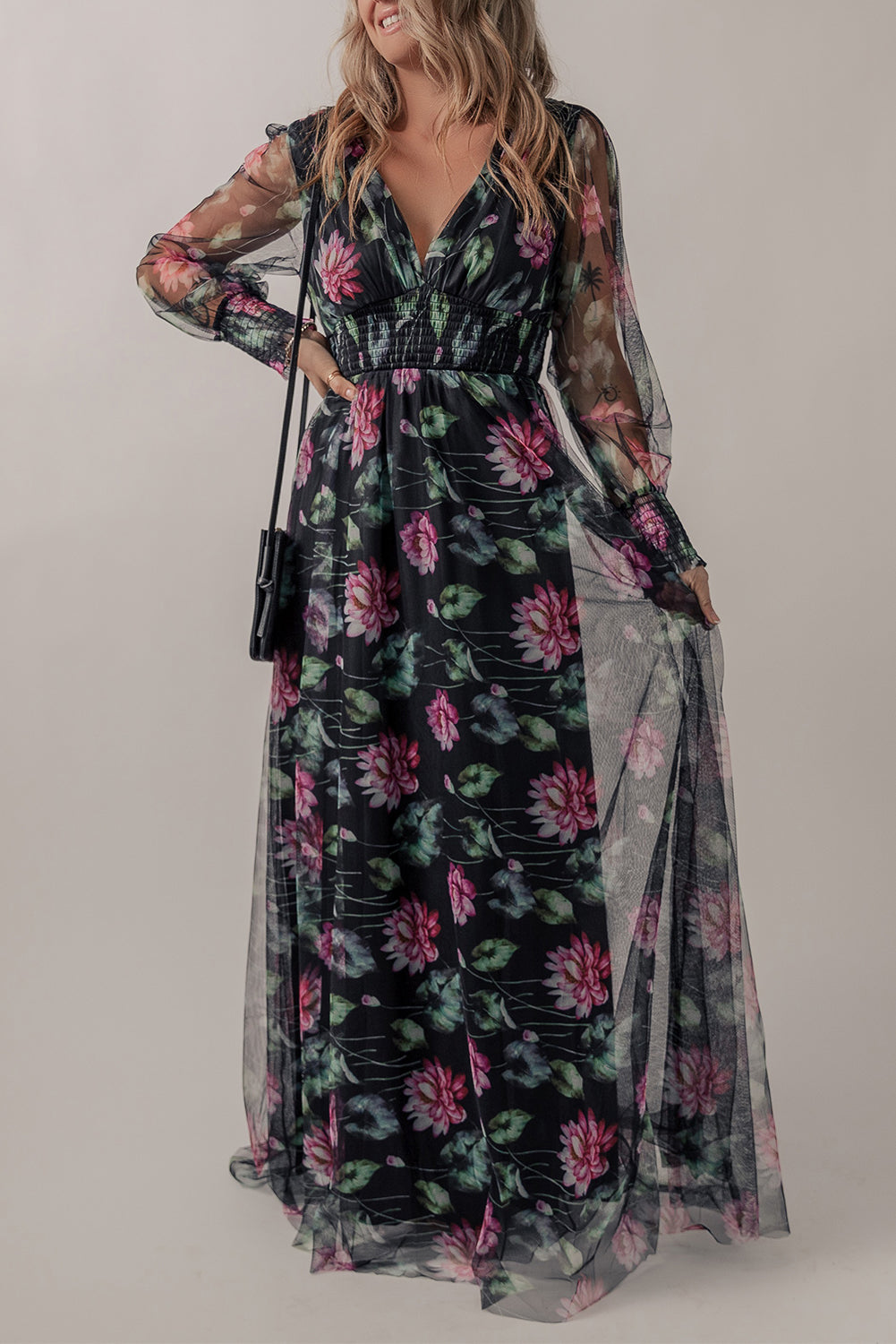 Black Mesh Sheer Shirred High Waist Floral Maxi Dress-0