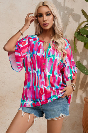 Rose Abstract Brushwork Print Buttoned V Neck Blouse-11