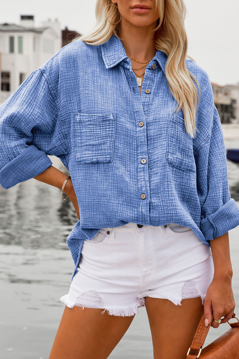 Sky Blue Mineral Wash Crinkle Textured Chest Pockets Shirt-7