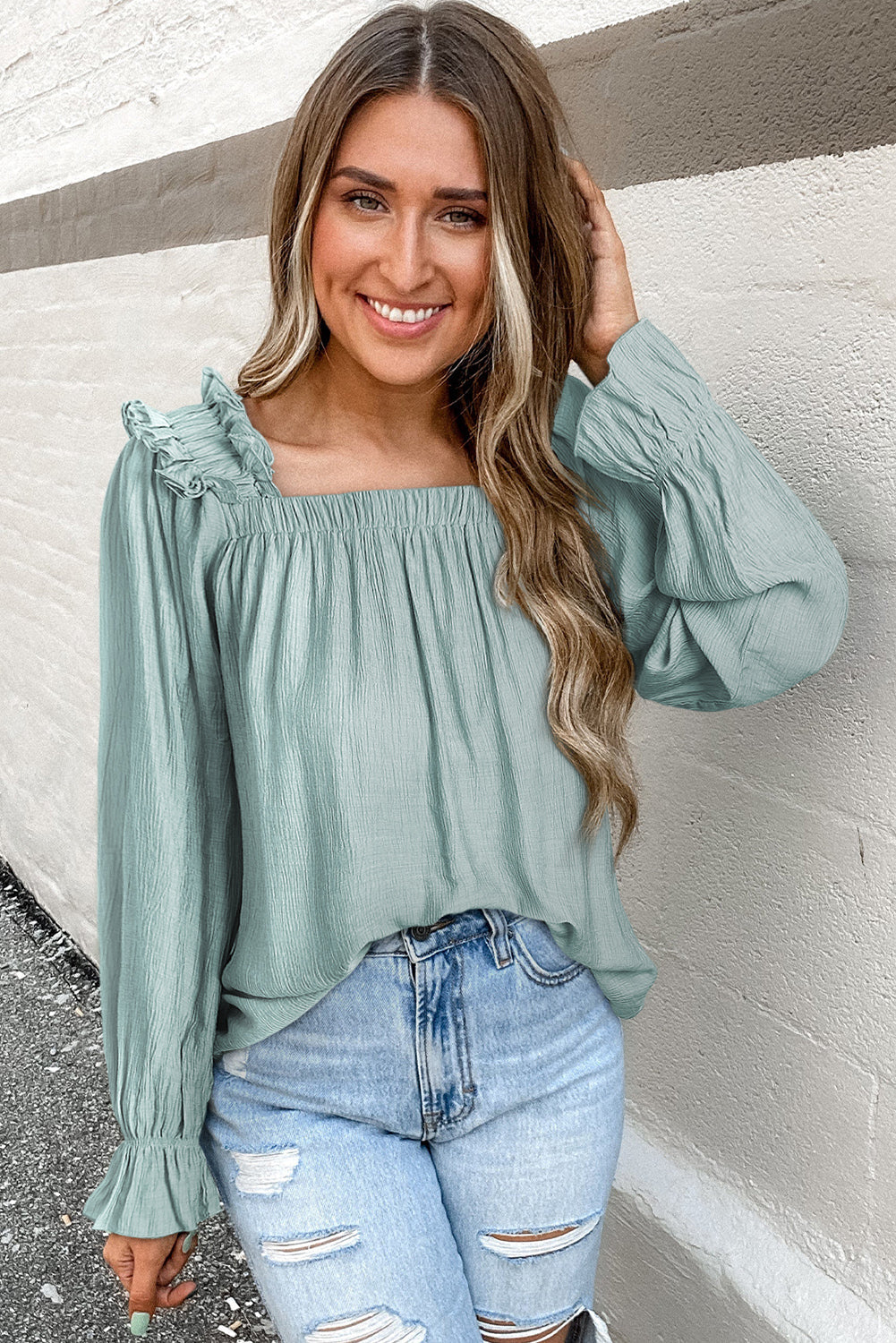 Green Ruffled Square Neck Cuffs Long Sleeve Blouse-9