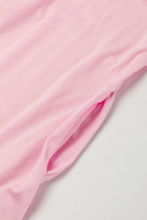 Pink V Neck Hidden Pocket Splits Maxi T-shirt Dress-8