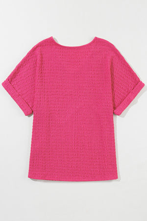 Bright Pink Textured Rolled Sleeve V Neck Tee-6