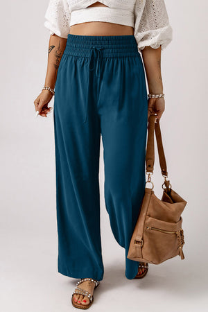 Blue Drawstring Elastic Waist Casual Wide Leg Pants-0